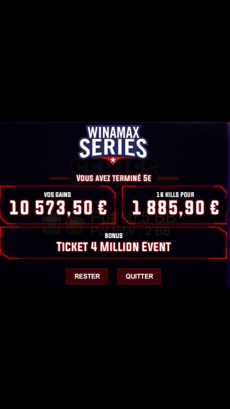 5e place d'un Winamax Series : 10 573,50 € de gains et 1 885,90 € de kills, soit 12 459,40 € au total