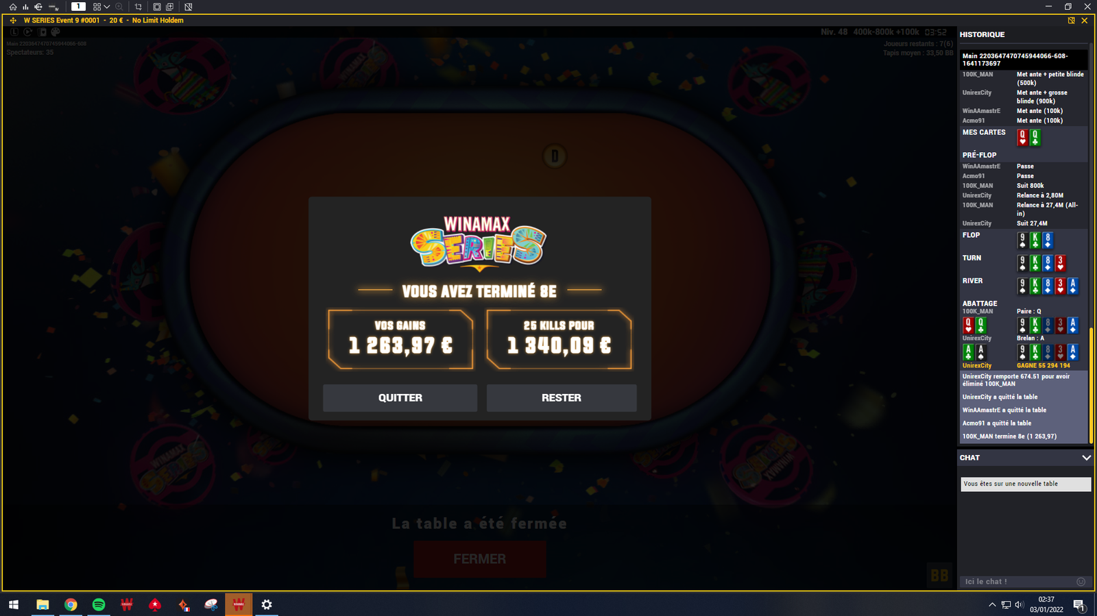 8e place du Winamax Series Event #9 à 20 € avec 25 kills, pour environ 2 605 € au total
