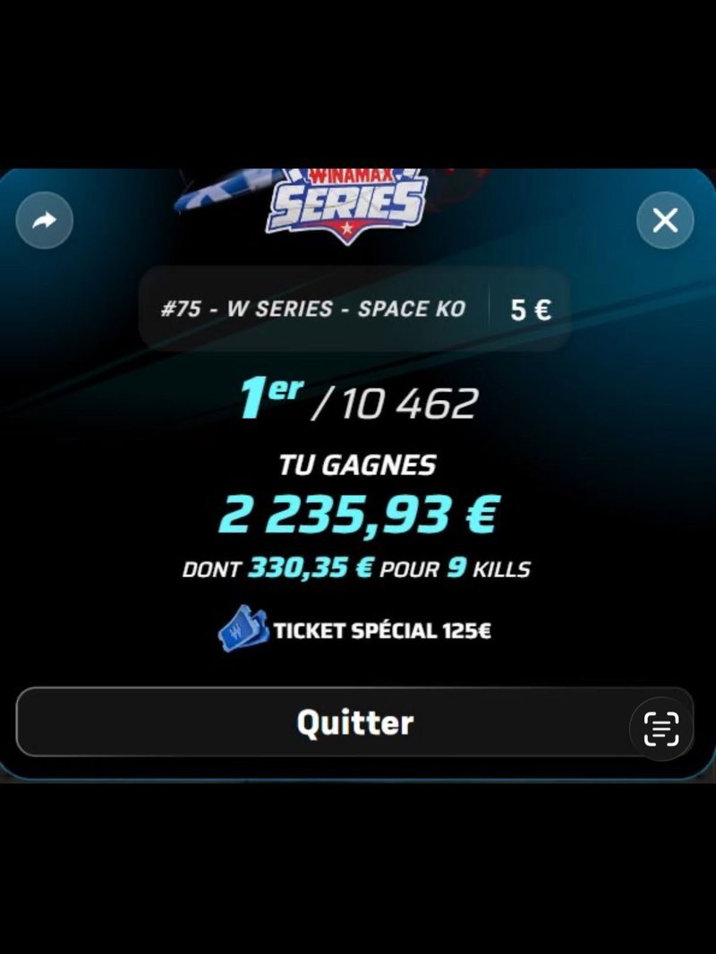 Résultat du SPACE KO #75 : 1er sur 10 462, 2 235,93 € gagnés dont 330,35 € pour 9 kills, plus un ticket spécial 125 €